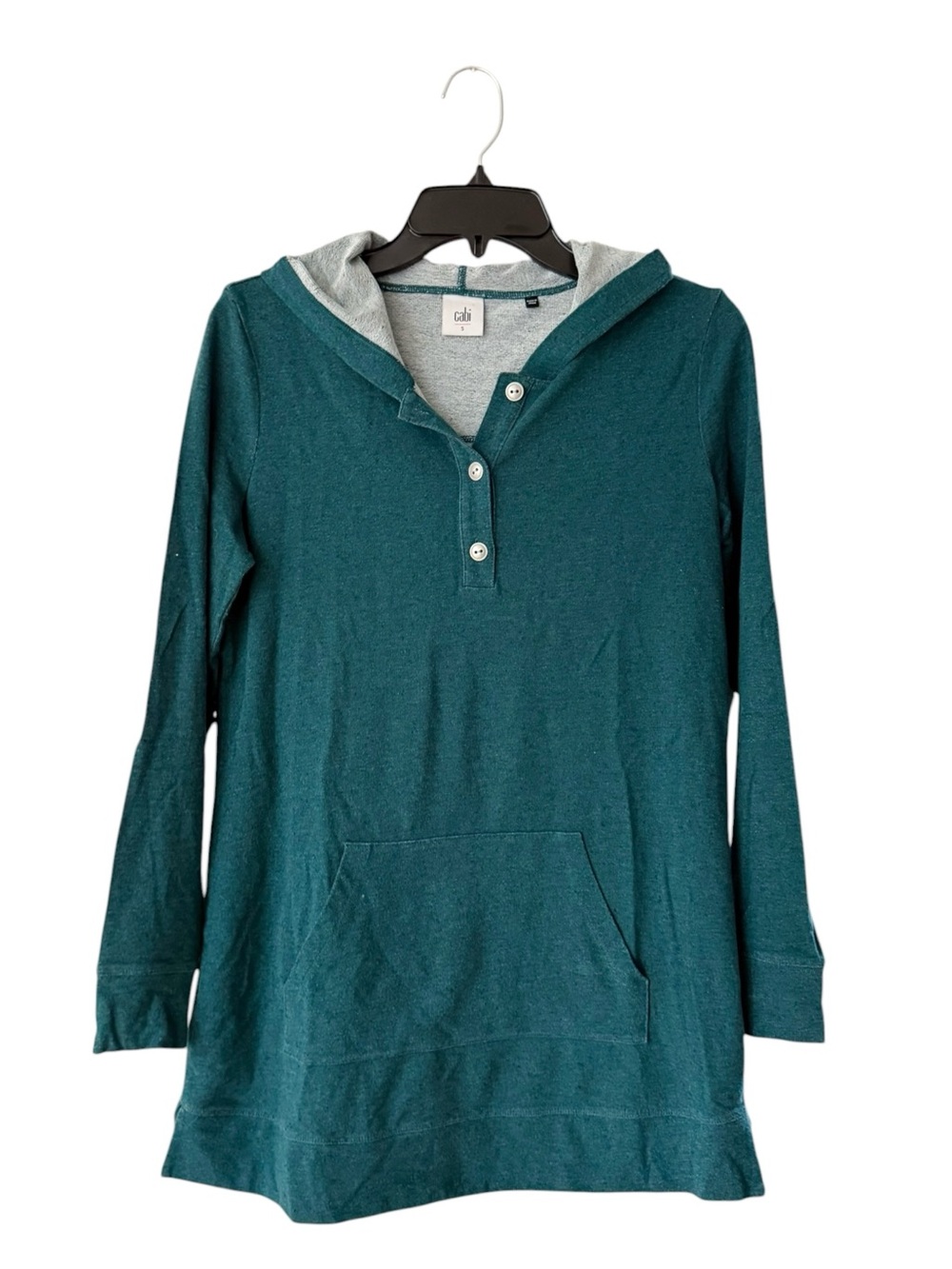 CAbi No Sweat Hooded Henley Pullover Size Small Teal Blue Green